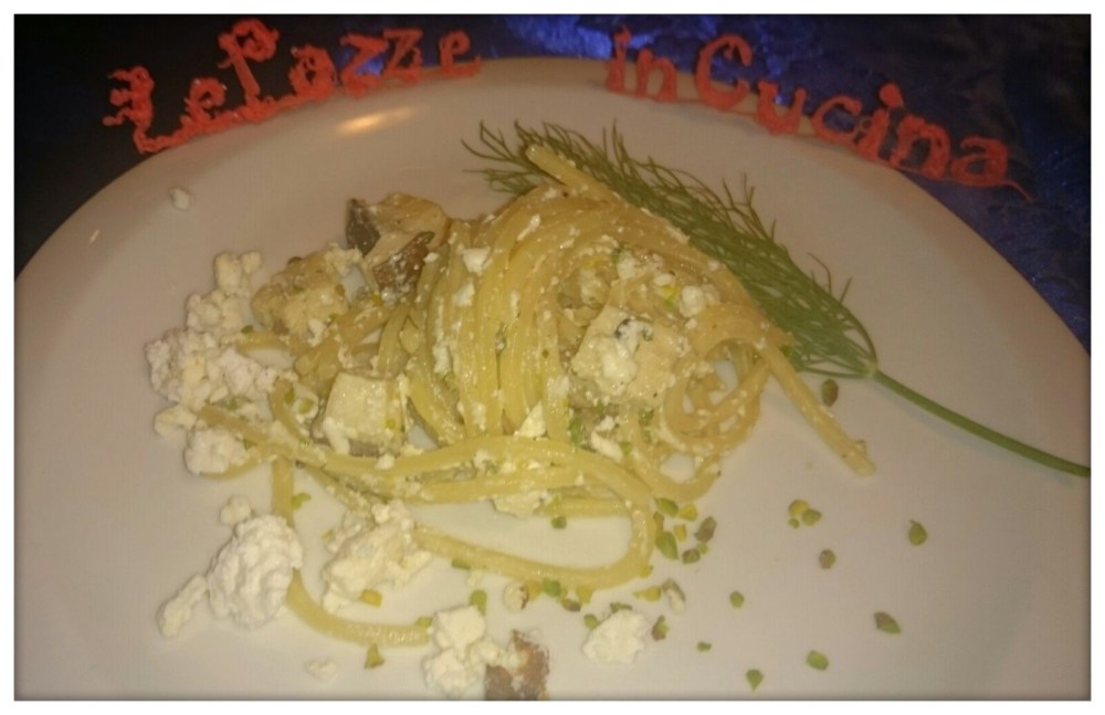 Spaghetti con pesce spada, ricotta e pistacchi